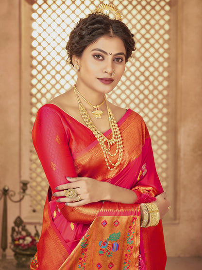 Sutriti Royal Pink Paithani Silk Saree featuring Heritage Weaving and Grand Designer Pallu Saree