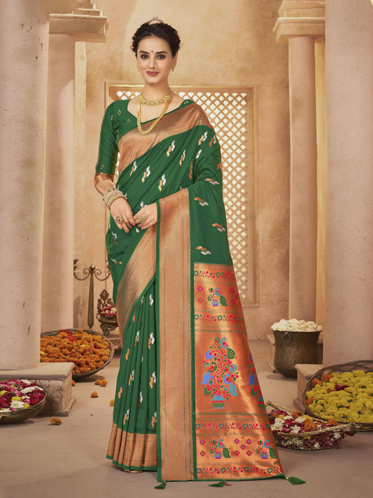 Sutriti Royal Green Paithani Silk Saree featuring Heritage Weaving and Grand Designer Pallu Saree