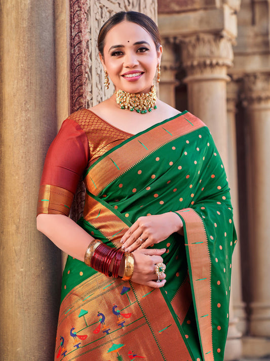 Sutriti Green Paithani Silk Saree with Polka Weave and Artistic Pallu for Wedding and Festive Saree