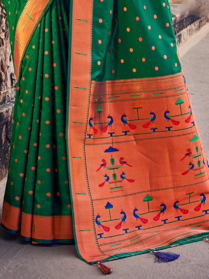 Sutriti Green Paithani Silk Saree with Polka Weave and Artistic Pallu for Wedding and Festive Saree