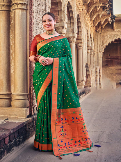 Sutriti Green Paithani Silk Saree with Polka Weave and Artistic Pallu for Wedding and Festive Saree