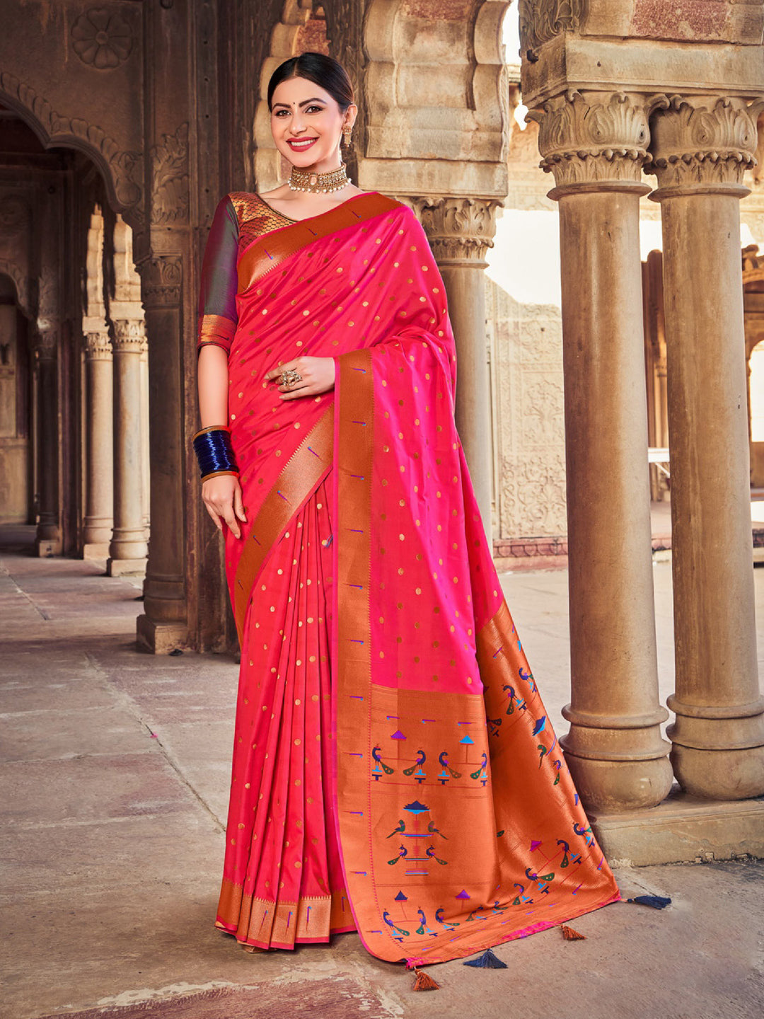 Sutriti Pink Paithani Silk Saree with Polka Weave and Artistic Pallu for Wedding and Festive Saree