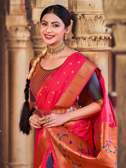 Sutriti Pink Paithani Silk Saree with Polka Weave and Artistic Pallu for Wedding and Festive Saree