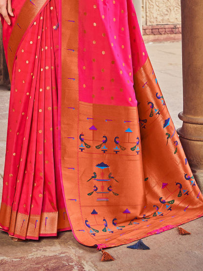 Sutriti Pink Paithani Silk Saree with Polka Weave and Artistic Pallu for Wedding and Festive Saree