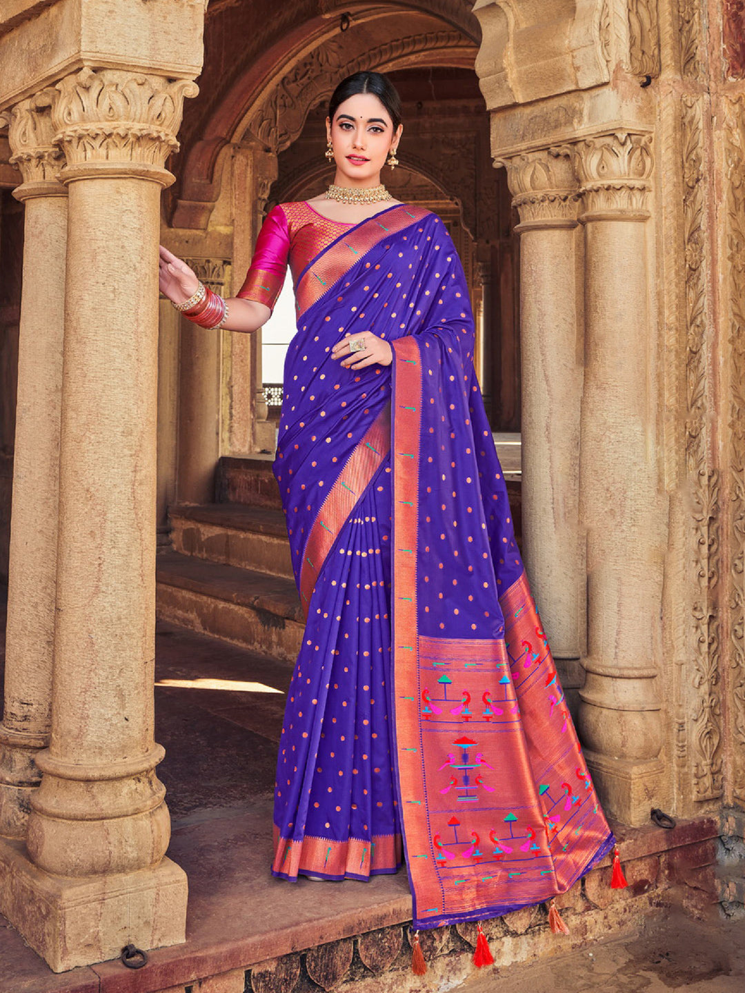 Sutriti Violet Paithani Silk Saree with Polka Weave and Artistic Pallu for Wedding and Festive Saree