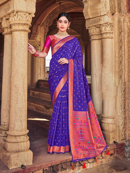 Sutriti Violet Paithani Silk Saree with Polka Weave and Artistic Pallu for Wedding and Festive Saree