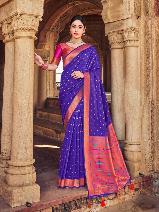 Sutriti Violet Paithani Silk Saree with Polka Weave and Artistic Pallu for Wedding and Festive Saree