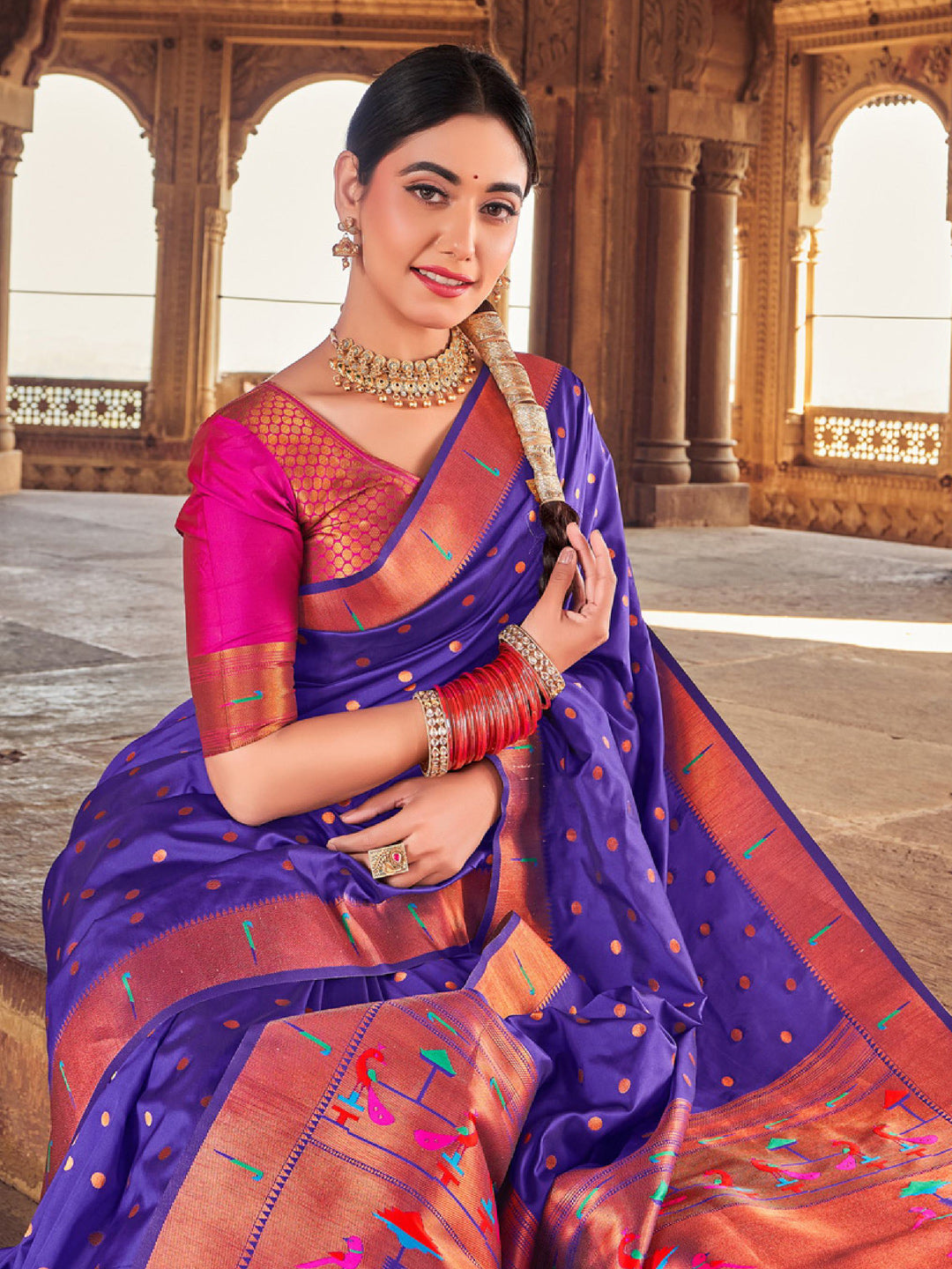 Sutriti Violet Paithani Silk Saree with Polka Weave and Artistic Pallu for Wedding and Festive Saree