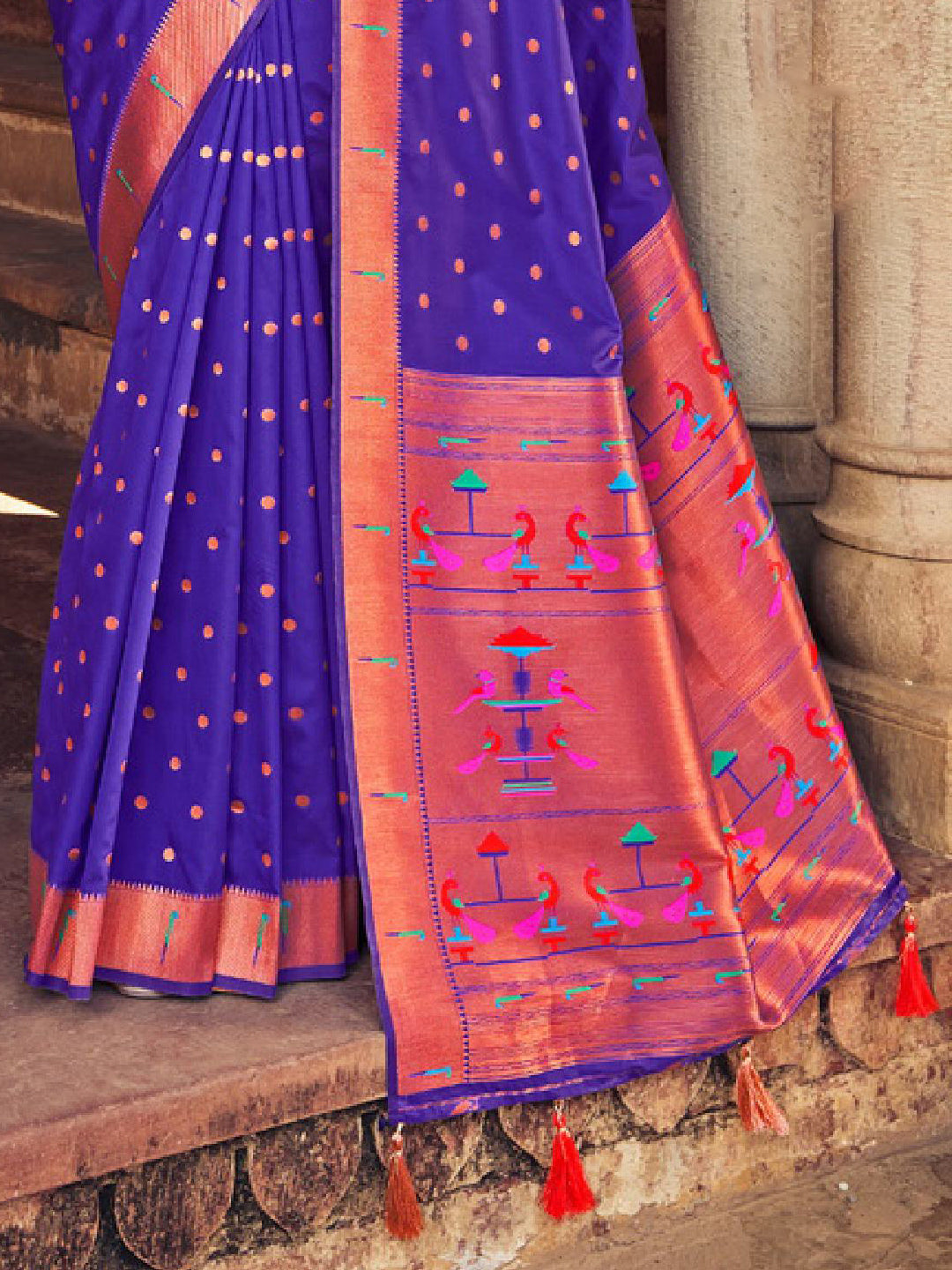 Sutriti Violet Paithani Silk Saree with Polka Weave and Artistic Pallu for Wedding and Festive Saree
