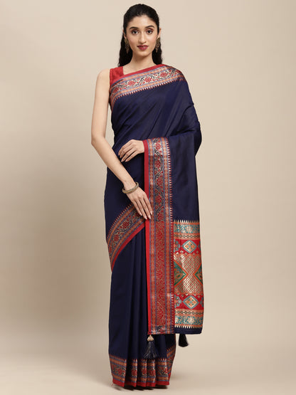 Sutriti Ethnic Navy Blue Party Wear Saree with Rich Pallu and Contrast Red Zari Border