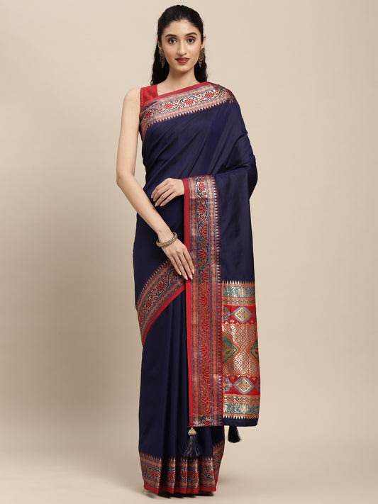 Sutriti Ethnic Navy Blue Party Wear Saree with Rich Pallu and Contrast Red Zari Border