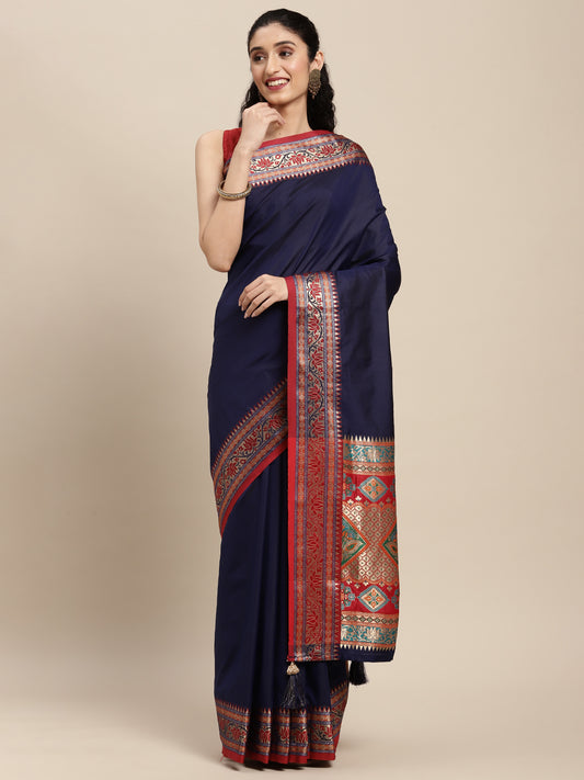 Sutriti Ethnic Navy Blue Party Wear Saree with Rich Pallu and Contrast Red Zari Border