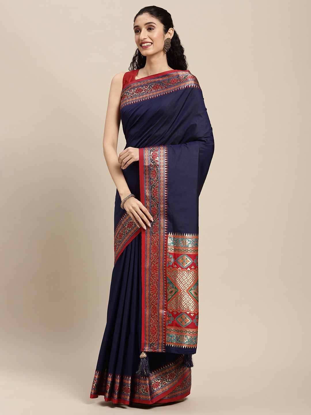 Sutriti Ethnic Navy Blue Party Wear Saree with Rich Pallu and Contrast Red Zari Border