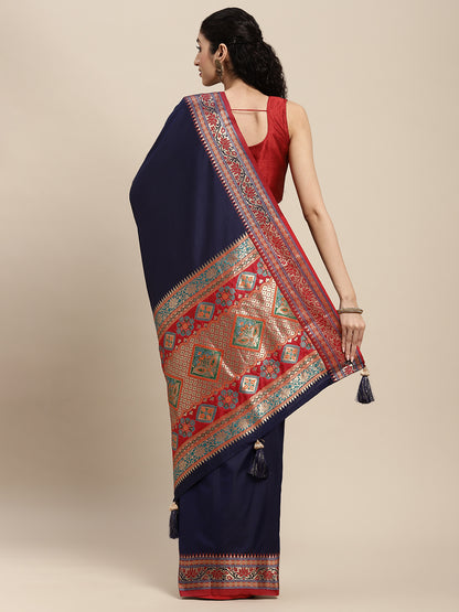 Sutriti Ethnic Navy Blue Party Wear Saree with Rich Pallu and Contrast Red Zari Border