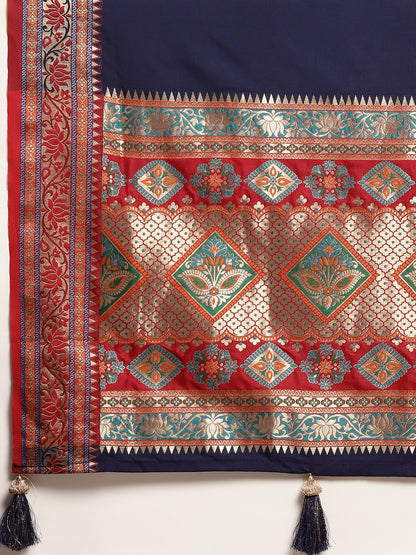 Sutriti Ethnic Navy Blue Party Wear Saree with Rich Pallu and Contrast Red Zari Border
