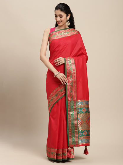 Sutriti Ethnic Red Party Wear Saree with Rich Pallu and Contrast Red Zari Border