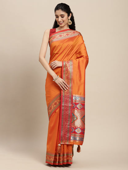 Sutriti Ethnic Orange Party Wear Saree with Rich Pallu and Contrast Red Zari Border