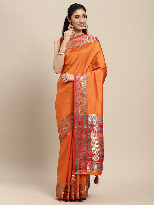 Sutriti Ethnic Orange Party Wear Saree with Rich Pallu and Contrast Red Zari Border