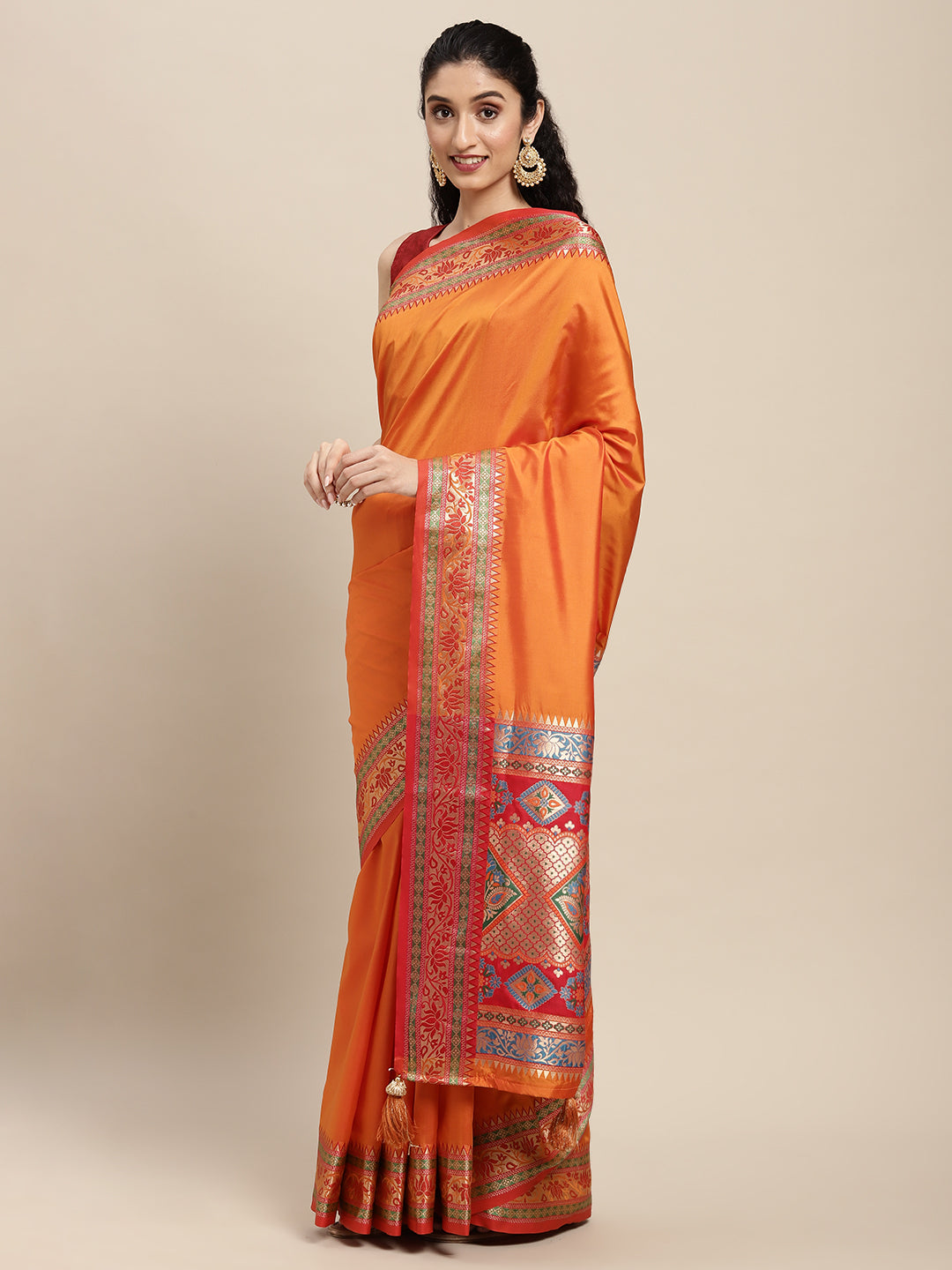 Sutriti Ethnic Orange Party Wear Saree with Rich Pallu and Contrast Red Zari Border