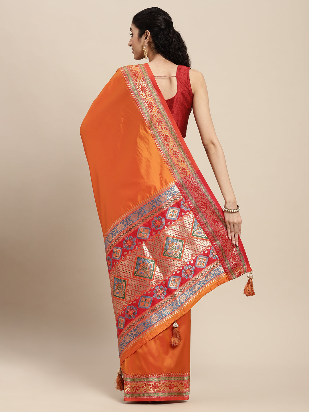 Sutriti Ethnic Orange Party Wear Saree with Rich Pallu and Contrast Red Zari Border