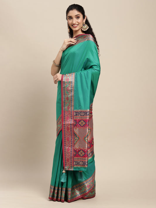 Sutriti Ethnic Sea Green Party Wear Saree with Rich Pallu and Contrast Red Zari Border