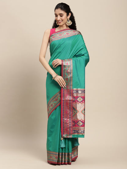 Sutriti Ethnic Sea Green Party Wear Saree with Rich Pallu and Contrast Red Zari Border