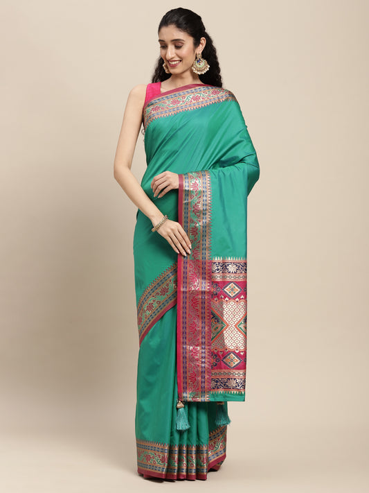 Sutriti Ethnic Sea Green Party Wear Saree with Rich Pallu and Contrast Red Zari Border