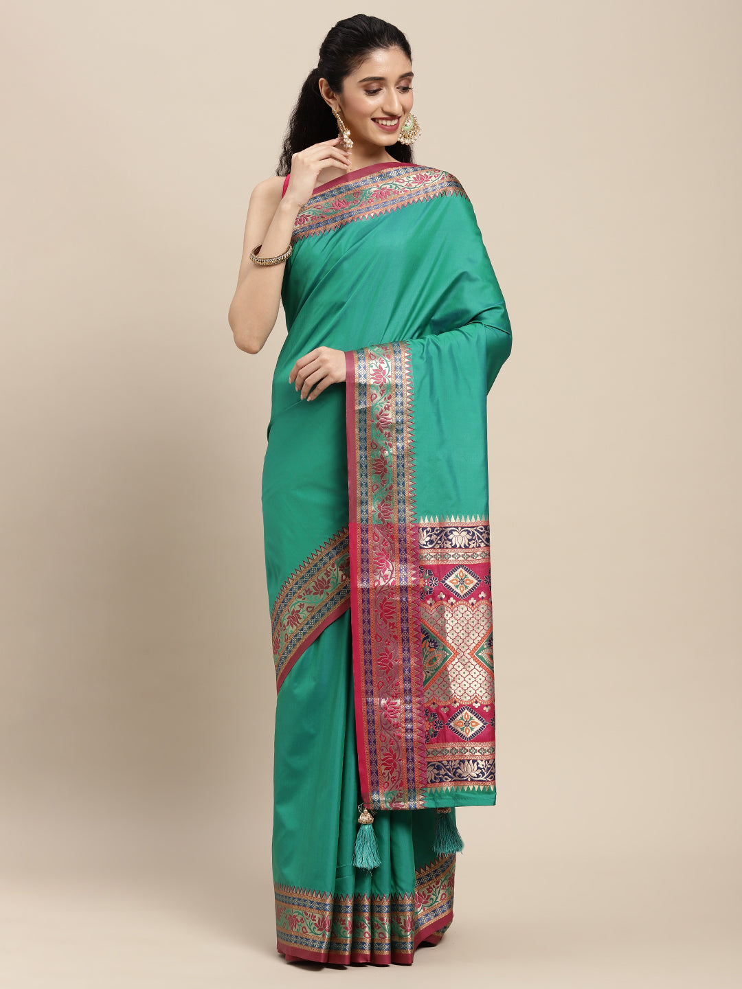 Sutriti Ethnic Sea Green Party Wear Saree with Rich Pallu and Contrast Red Zari Border