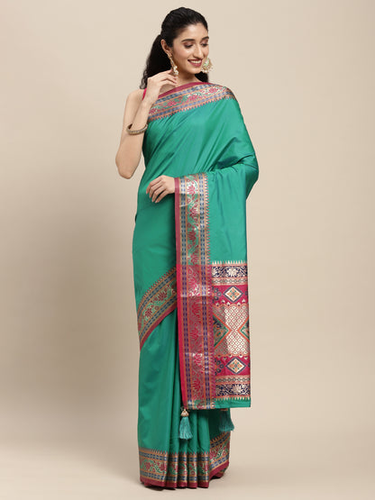 Sutriti Ethnic Sea Green Party Wear Saree with Rich Pallu and Contrast Red Zari Border