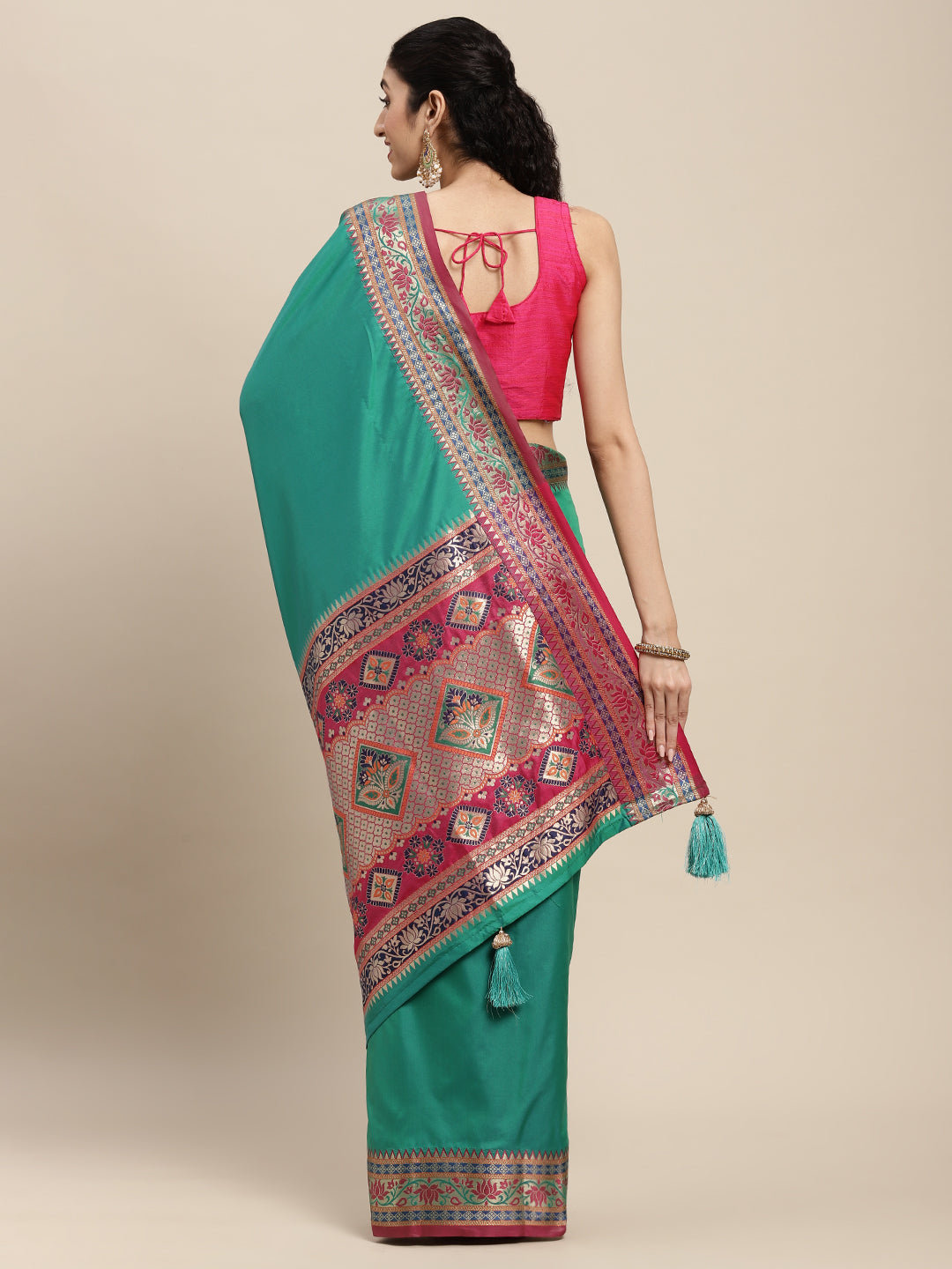 Sutriti Ethnic Sea Green Party Wear Saree with Rich Pallu and Contrast Red Zari Border