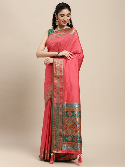 Sutriti Ethnic Light Pink Party Wear Saree with Rich Pallu and Contrast Red Zari Border