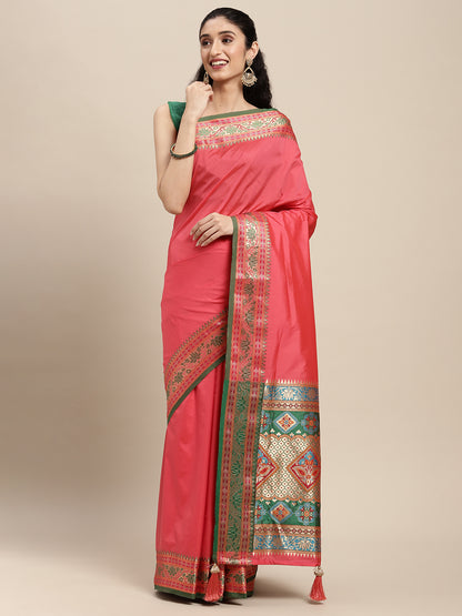Sutriti Ethnic Light Pink Party Wear Saree with Rich Pallu and Contrast Red Zari Border