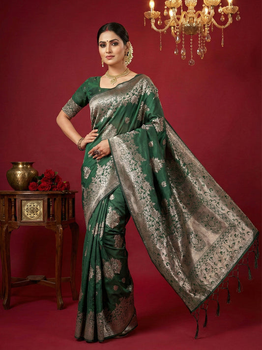 Sutriti dark green tissue silk silver zari woven pallu wedding saree silver zari collection