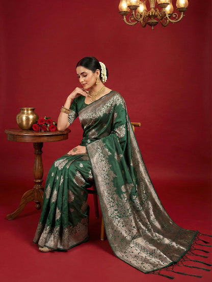 Sutriti dark green tissue silk silver zari woven pallu festive saree silver zari collection