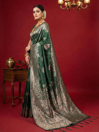 Sutriti dark green tissue silk silver zari woven pallu festive saree silver zari collection 