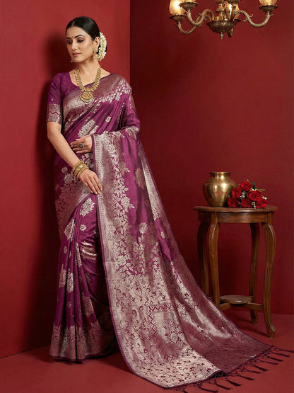 Sutriti mauve purple tissue silk silver zari woven pallu wedding saree silver zari collection