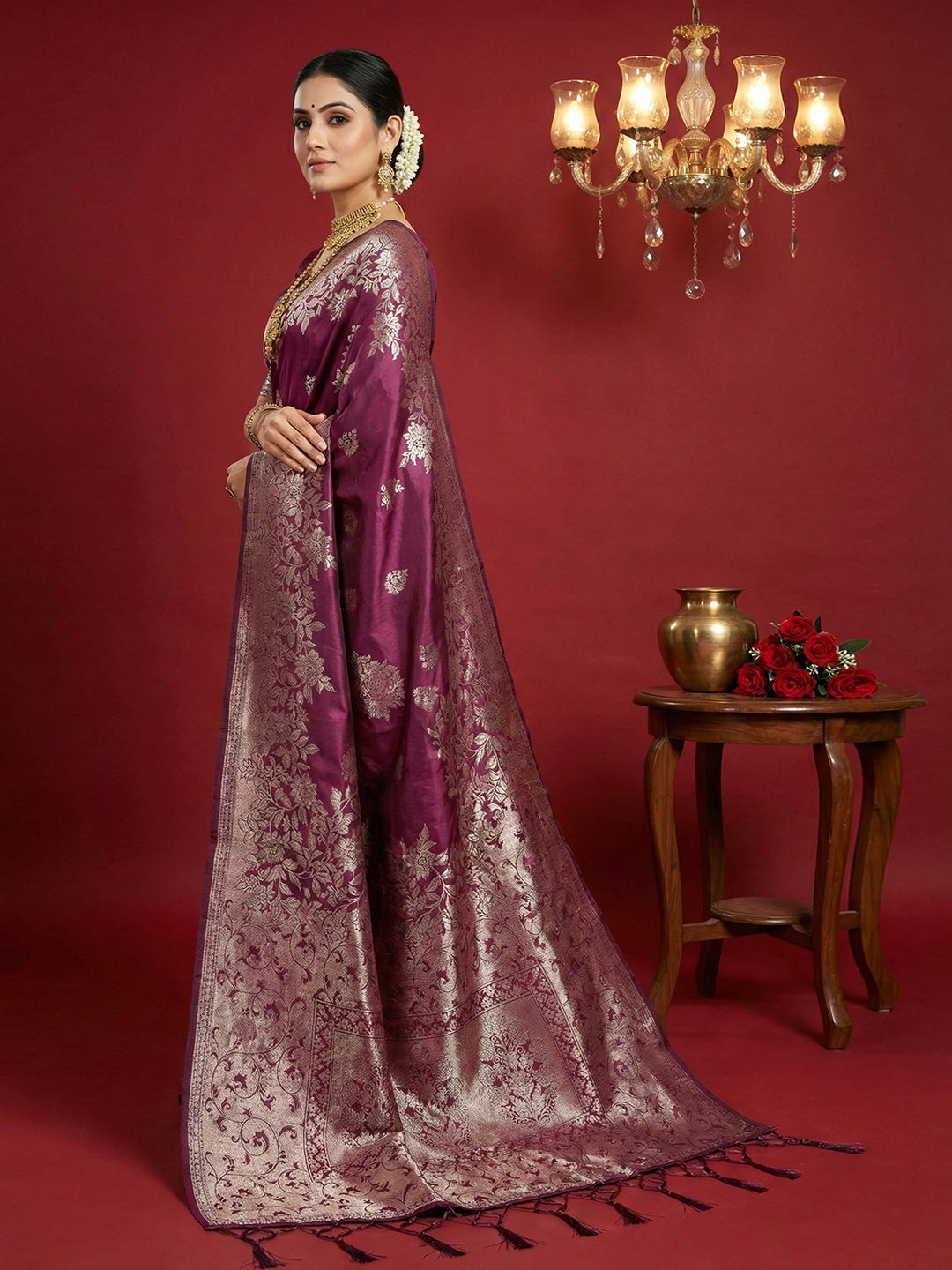 Sutriti mauve purple tissue silk silver zari woven pallu festive saree silver zari collection