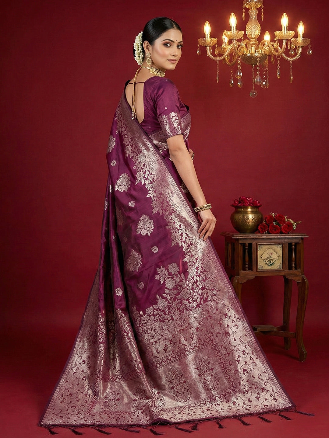 Sutriti mauve purple tissue silk silver zari woven pallu party wear saree silver zari collection