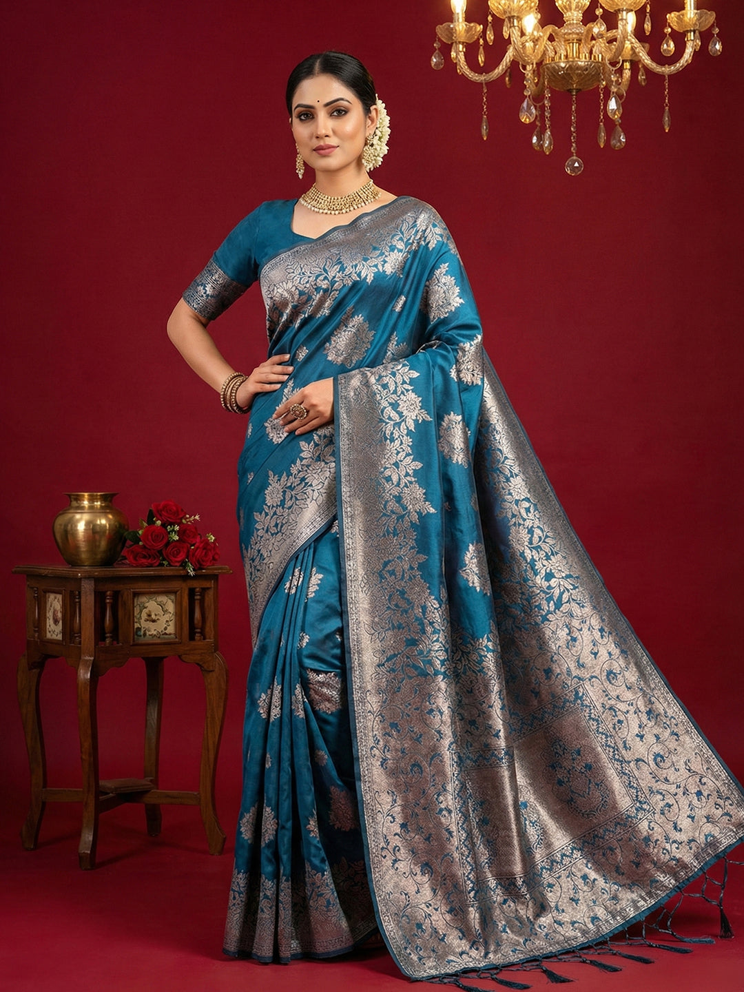 Sutriti peacock blue tissue silk silver zari woven pallu wedding saree silver zari collection