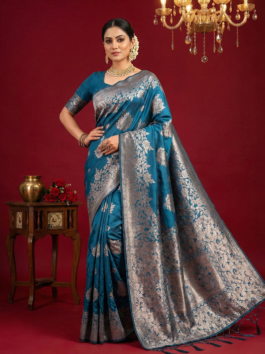 Sutriti peacock blue tissue silk silver zari woven pallu wedding saree silver zari collection
