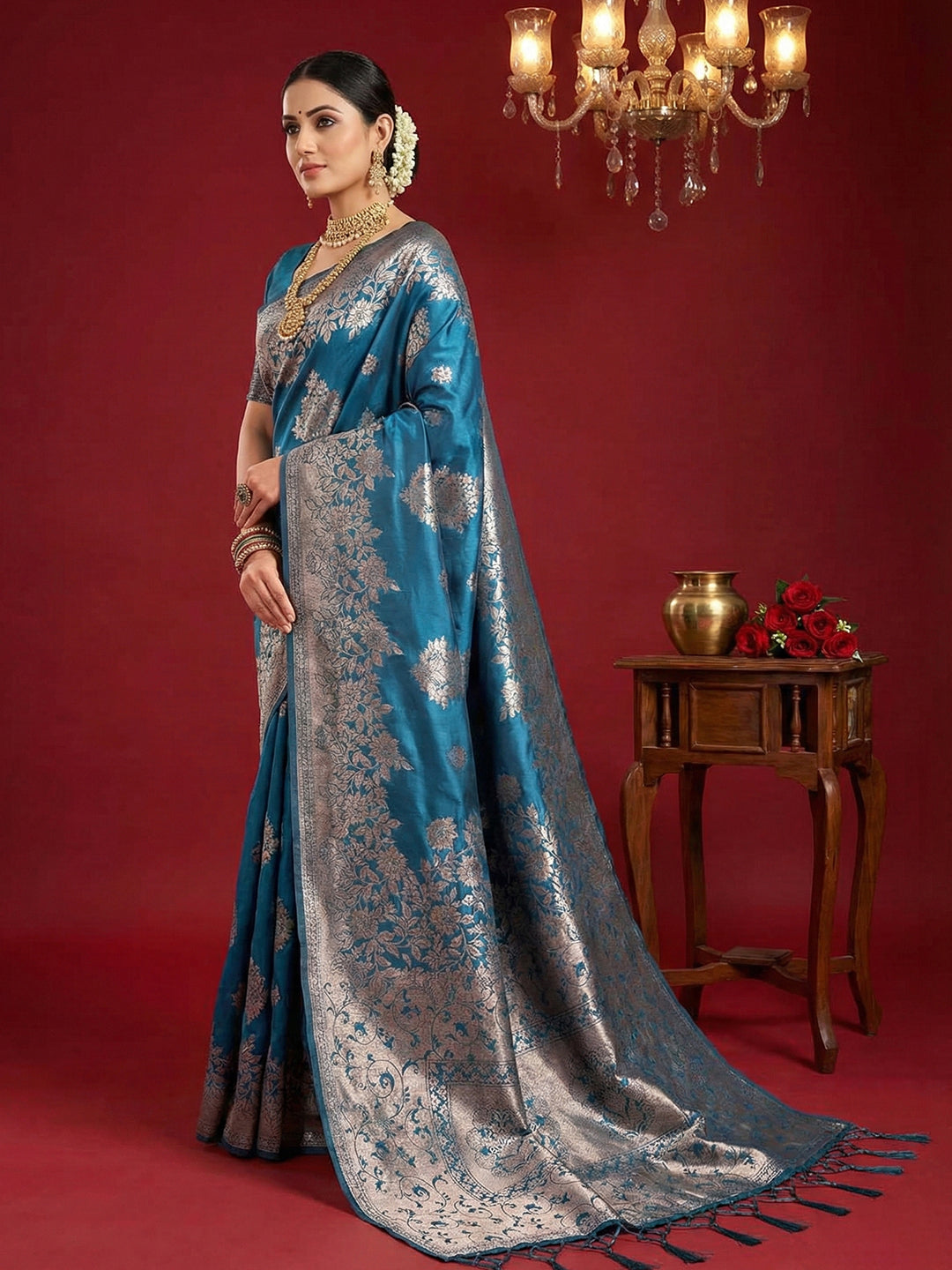 Sutriti peacock blue tissue silk silver zari woven pallu festive saree silver zari collection