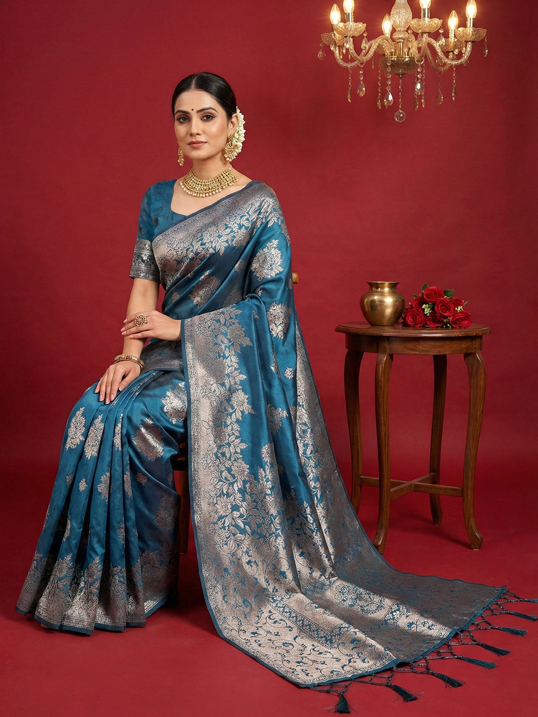 Sutriti women peacock blue tissue silk silver zari woven pallu ethnic saree silver zari collection