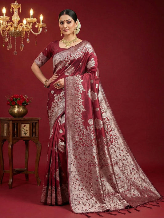 Sutriti berry maroon tissue silk silver zari woven pallu wedding saree silver zari collection