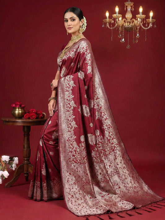 Sutriti berry maroon tissue silk silver zari woven pallu festive saree silver zari collection