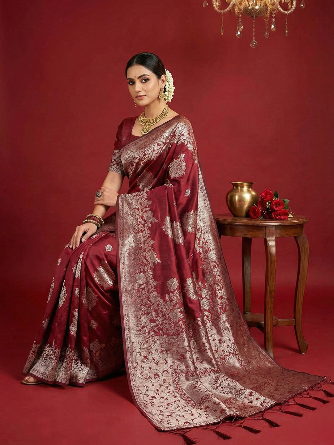 Sutriti berry maroon tissue silk silver zari woven pallu party wear saree silver zari collection