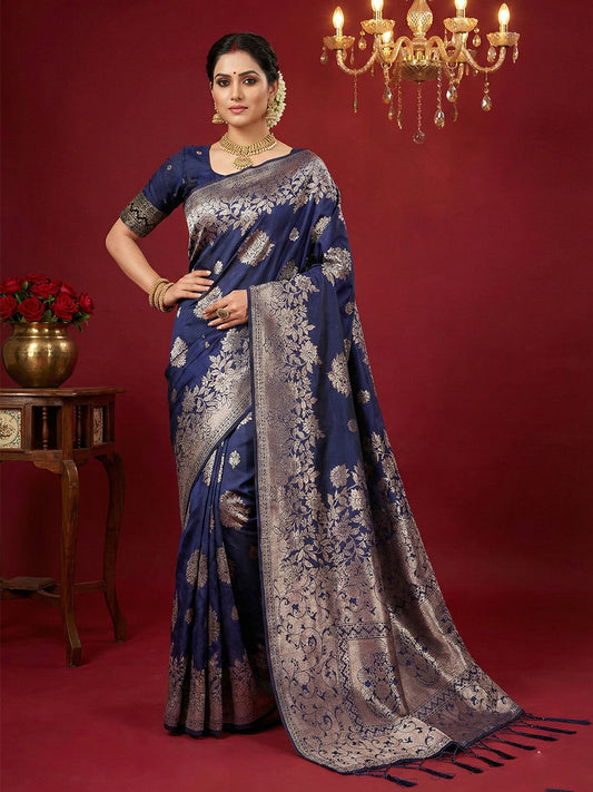 Sutriti royal blue tissue silk silver zari woven pallu wedding saree silver zari collection