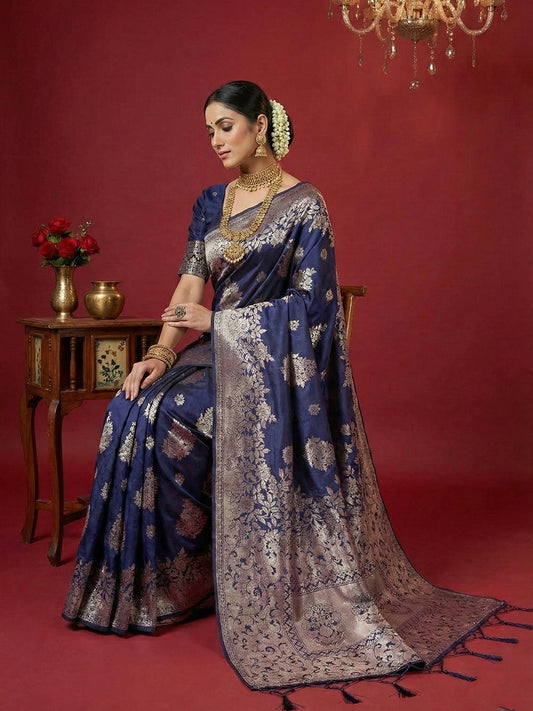 Sutriti royal blue tissue silk silver zari woven pallu wedding saree silver zari collection