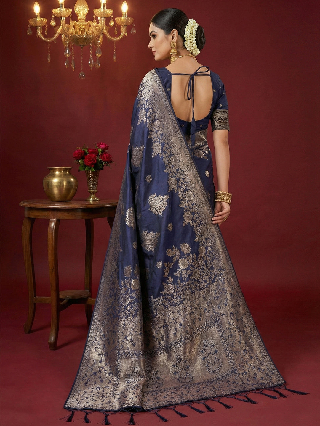 Sutriti royal blue tissue silk silver zari woven pallu party wear saree silver zari collection