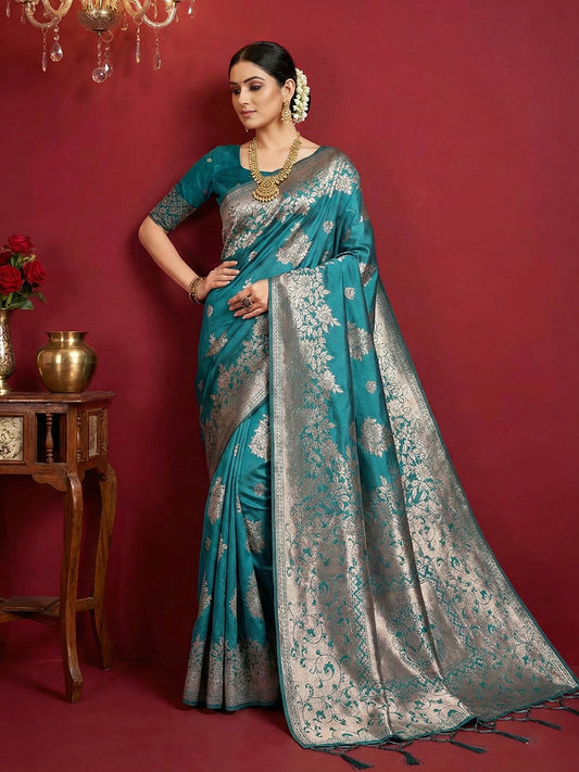 Sutriti teal blue tissue silk silver zari woven pallu wedding saree silver zari collection