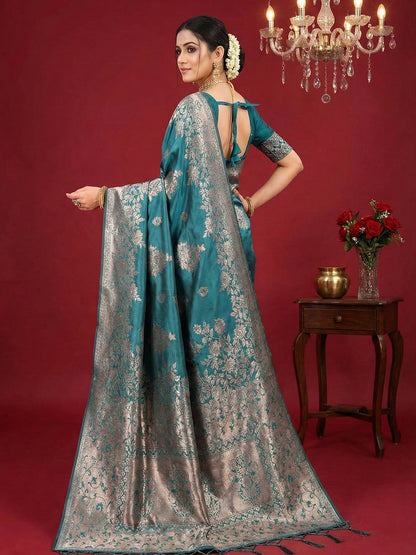 Sutriti teal blue tissue silk silver zari woven pallu party wear saree silver zari collection